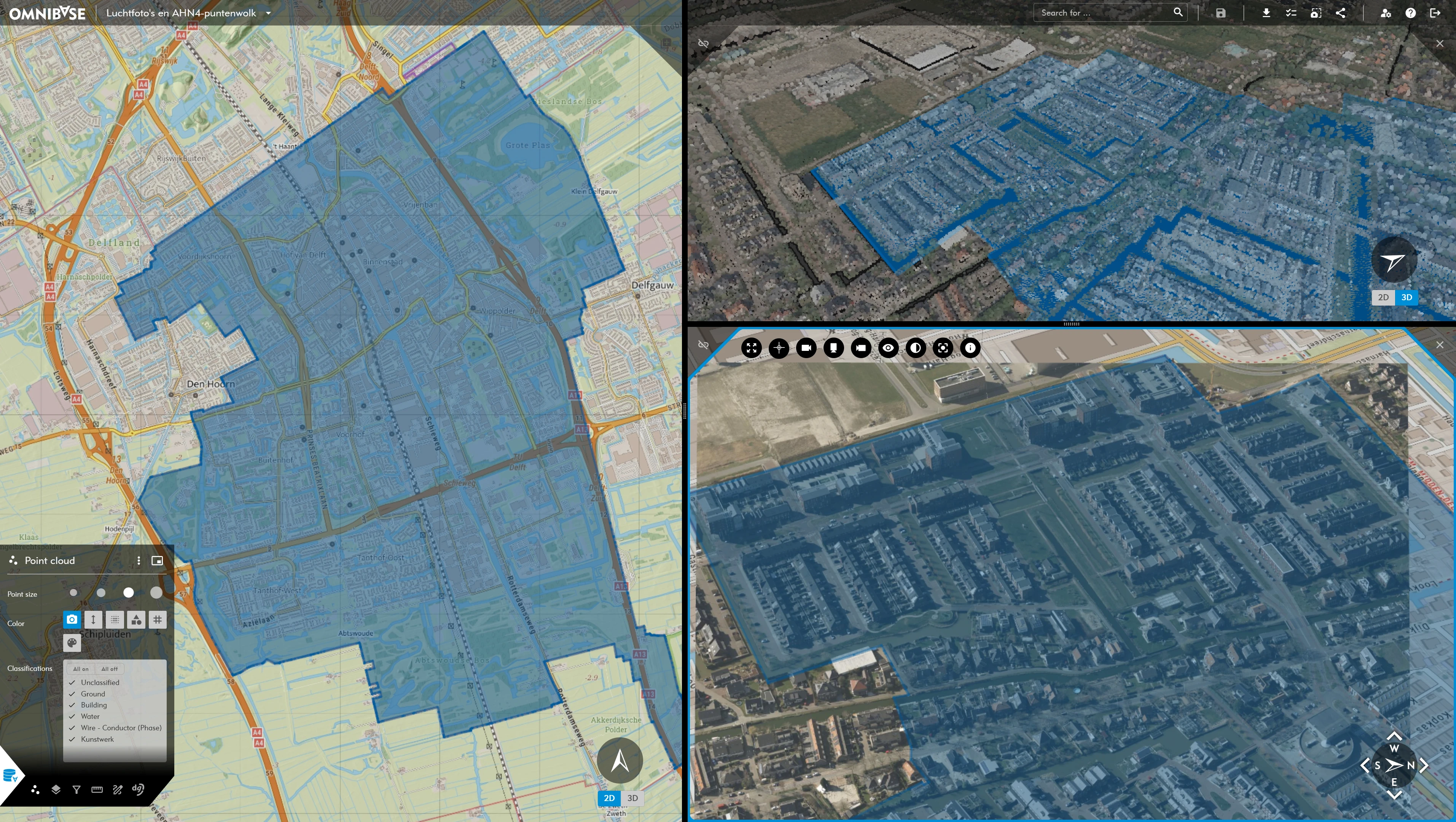 Voorbeeld visualisatie gemeentegrens Delft op 2D hoofdscherm, 3D-scherm (rechtsboven) en obliek luchtfoto (rechtsonder) Voorbeeld visualisatie gemeentegrens Delft op 2D hoofdscherm, 3D-scherm (rechtsboven) en obliek luchtfoto (rechtsonder)